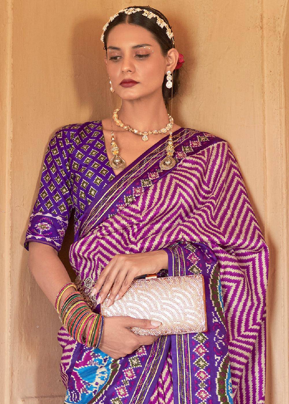 Shades Of Purple Printed Patola Silk Saree with Zari Border & Tassels on Pallu | Stitched Blouse - qivii