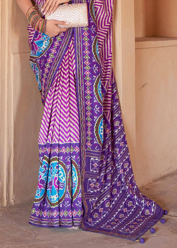 Shades Of Purple Printed Patola Silk Saree with Zari Border & Tassels on Pallu | Stitched Blouse - qivii