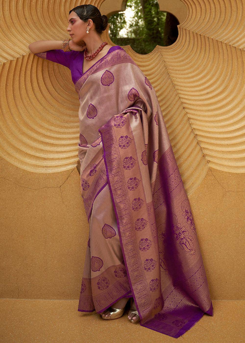 Shades Of Purple Two Tone Woven Silk Saree | Stitched Blouse - qivii