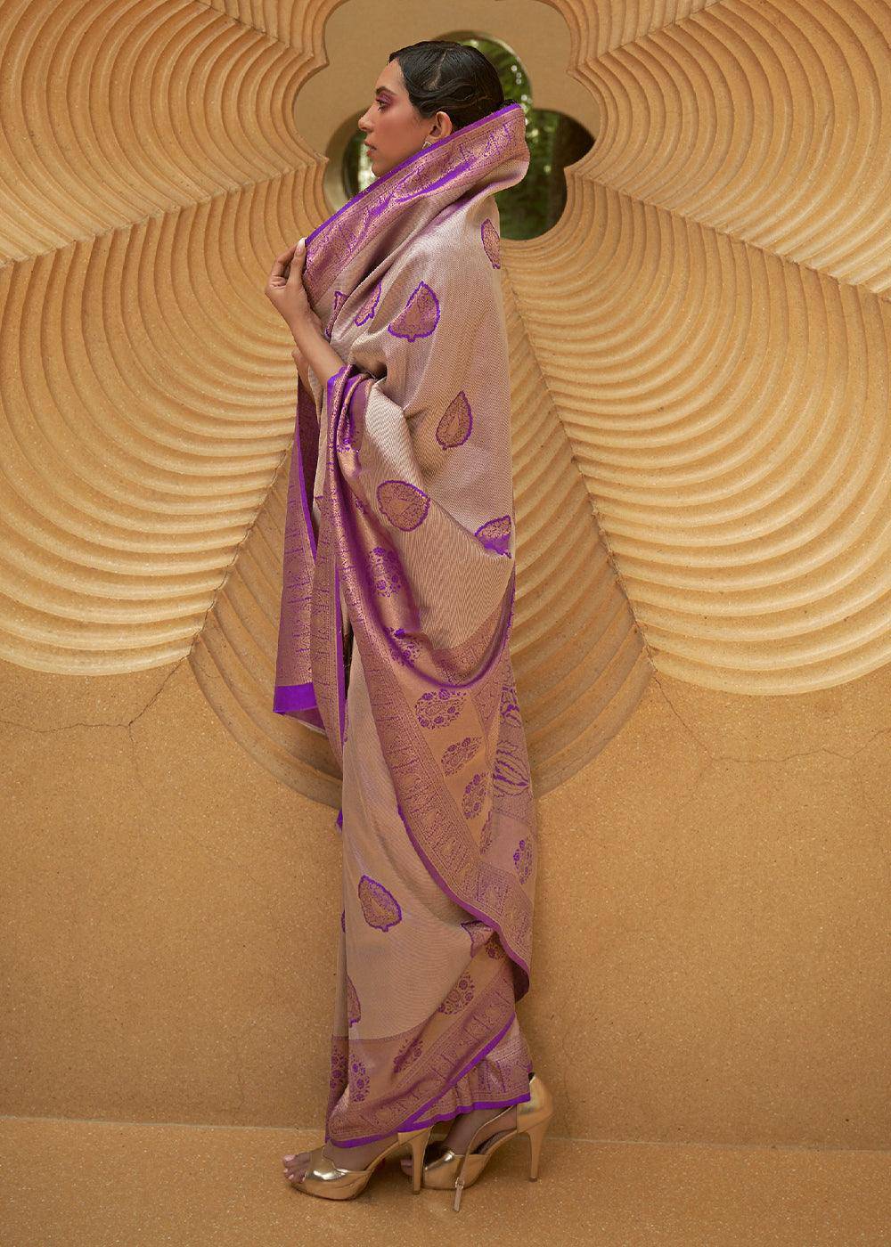 Shades Of Purple Two Tone Woven Silk Saree | Stitched Blouse - qivii