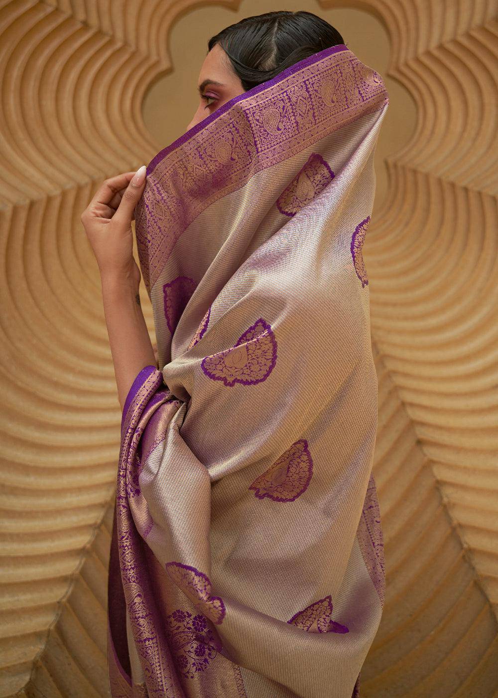 Shades Of Purple Two Tone Woven Silk Saree | Stitched Blouse - qivii