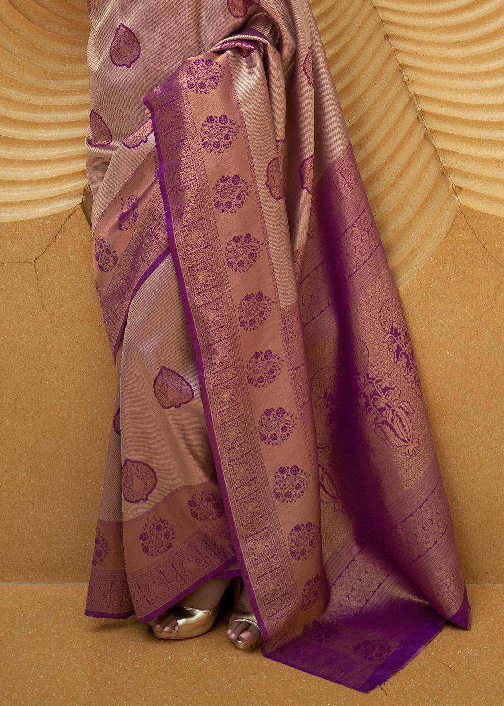 Shades Of Purple Two Tone Woven Silk Saree | Stitched Blouse - qivii