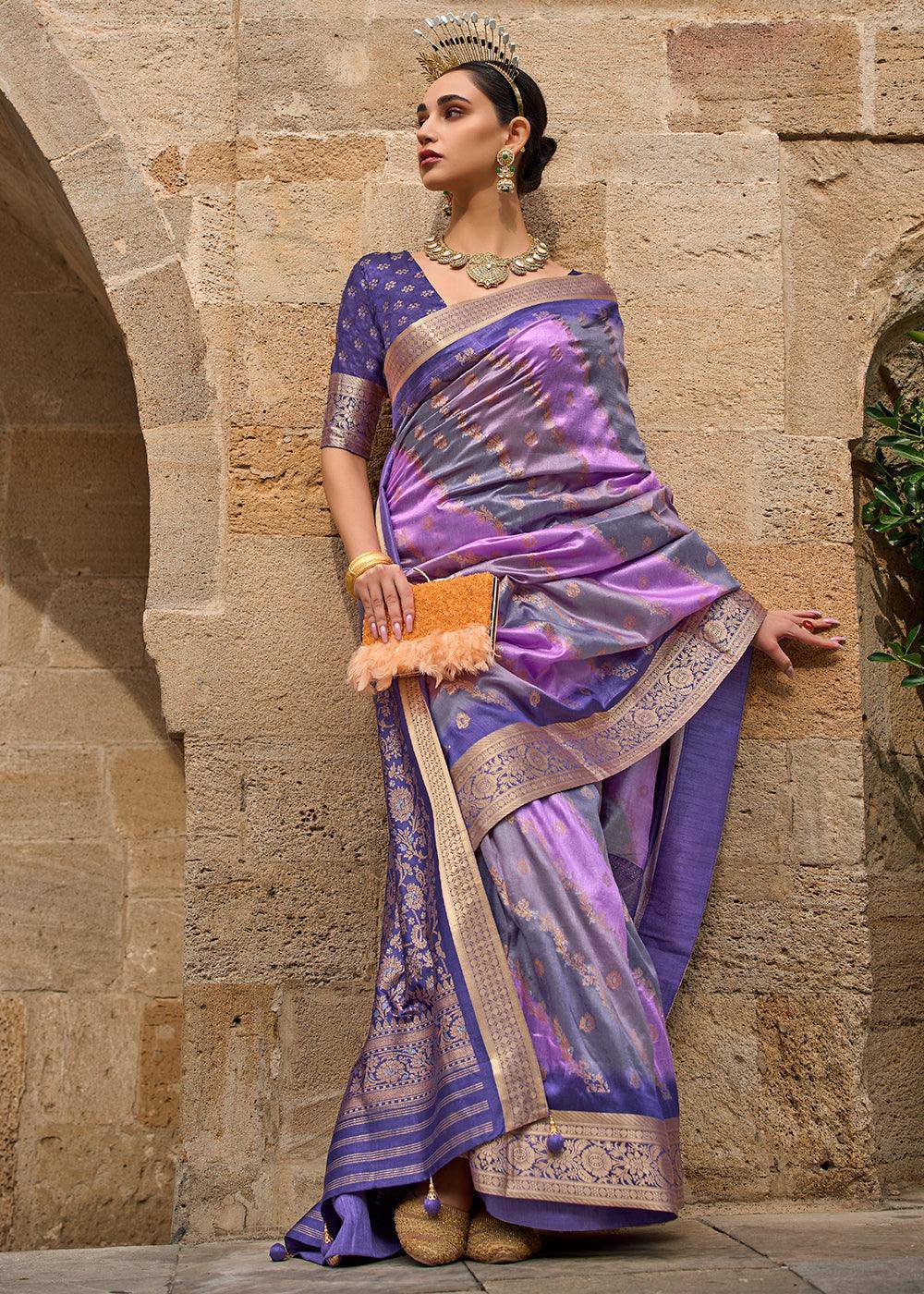 Shades Of Purple Viscose Silk Saree with Aqua Finish work | Stitched Blouse - qivii