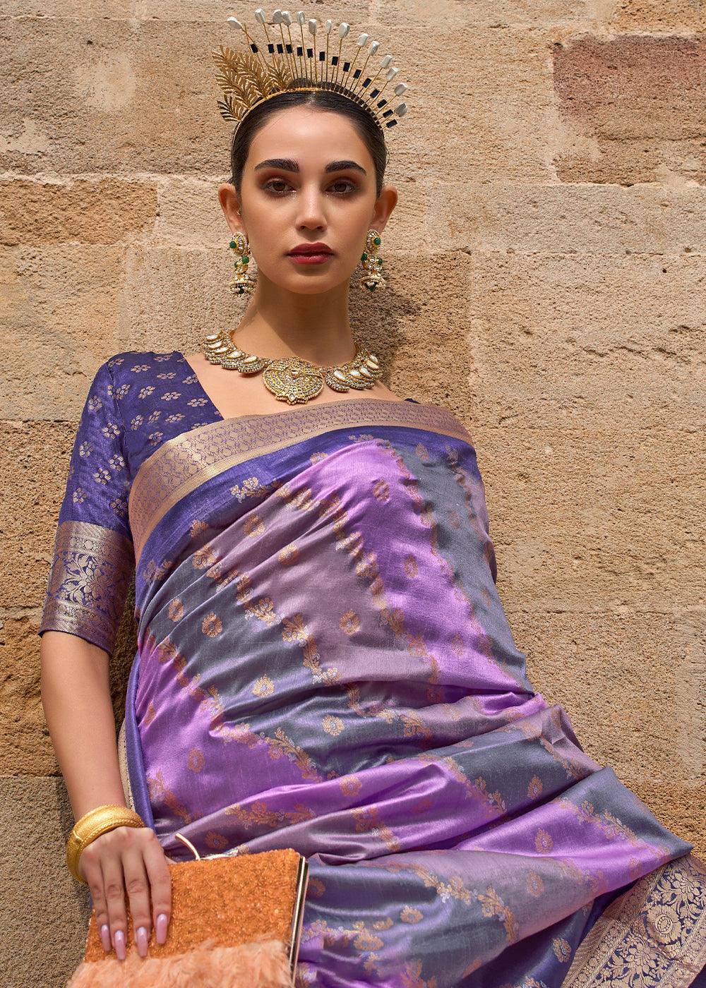 Shades Of Purple Viscose Silk Saree with Aqua Finish work | Stitched Blouse - qivii