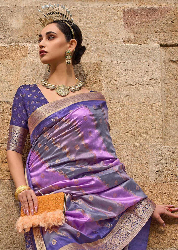 Shades Of Purple Viscose Silk Saree with Aqua Finish work | Stitched Blouse - qivii