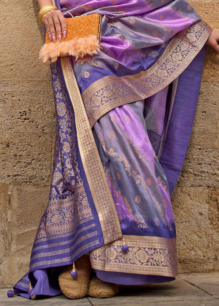 Shades Of Purple Viscose Silk Saree with Aqua Finish work | Stitched Blouse - qivii