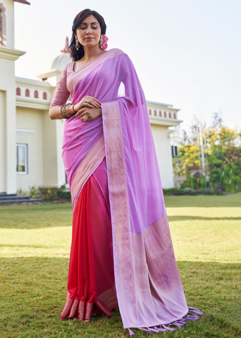 Shades Of Purple Woven Georgette Saree - qivii