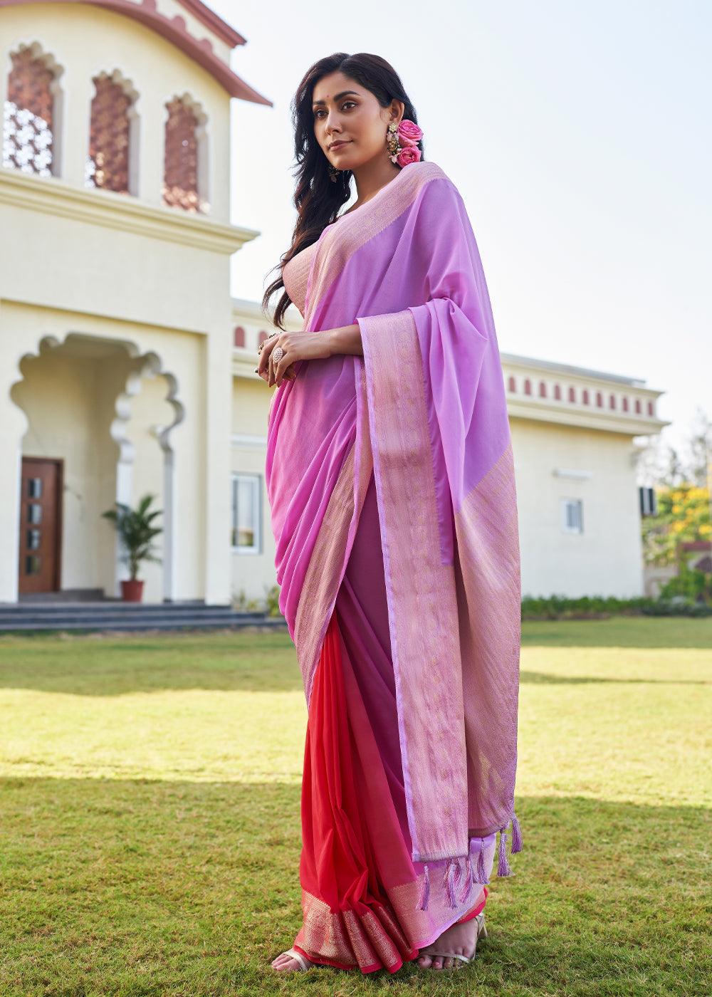 Shades Of Purple Woven Georgette Saree - qivii