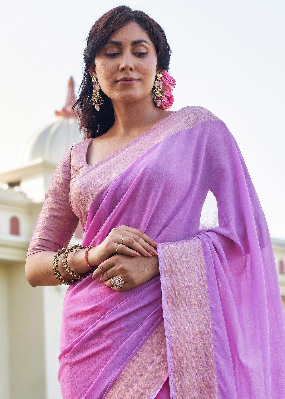 Shades Of Purple Woven Georgette Saree - qivii