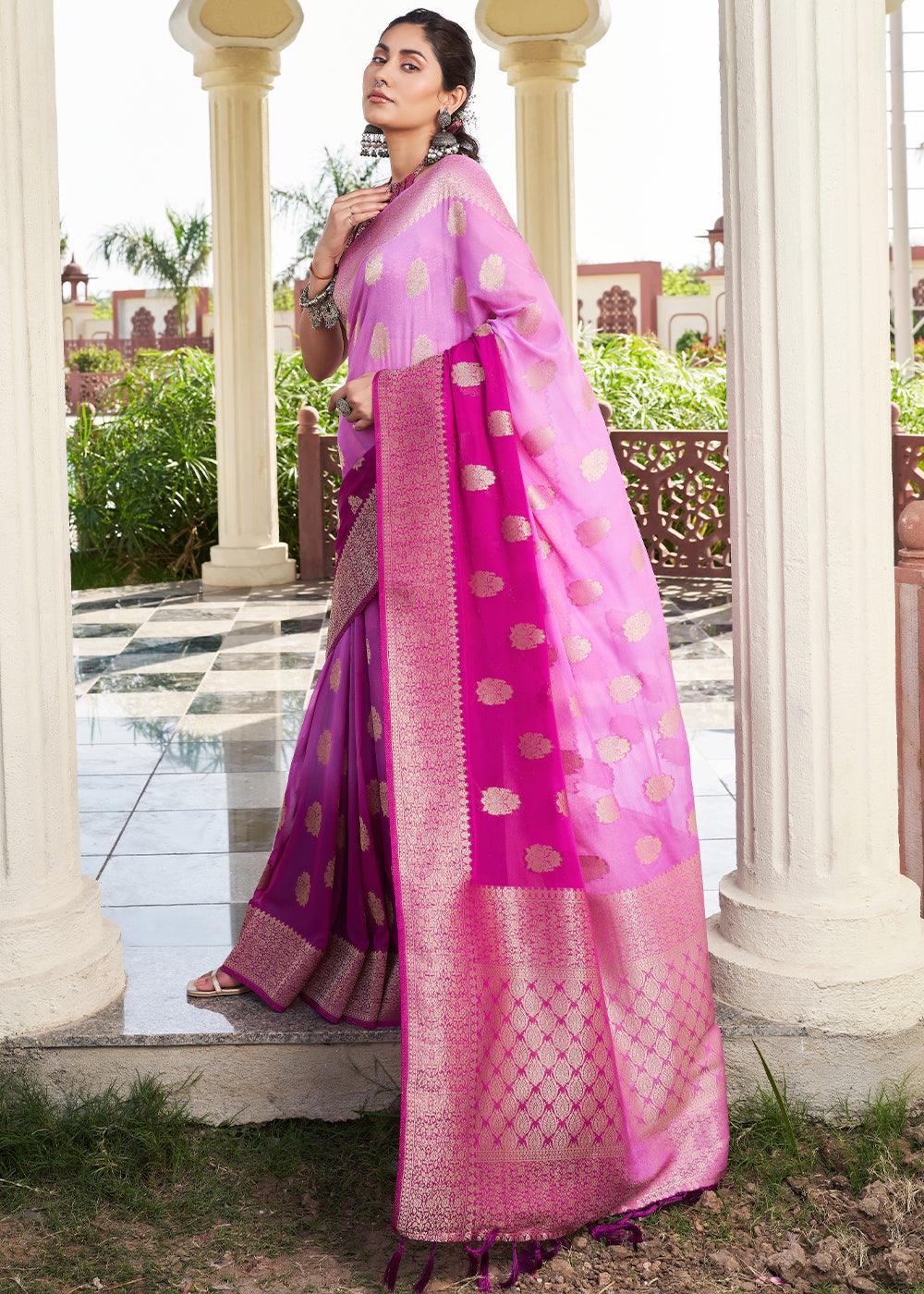 Shades Of Purple Zari Woven Georgette Saree - qivii