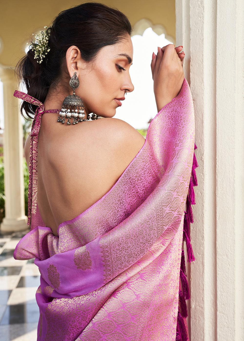 Shades Of Purple Zari Woven Georgette Saree - qivii