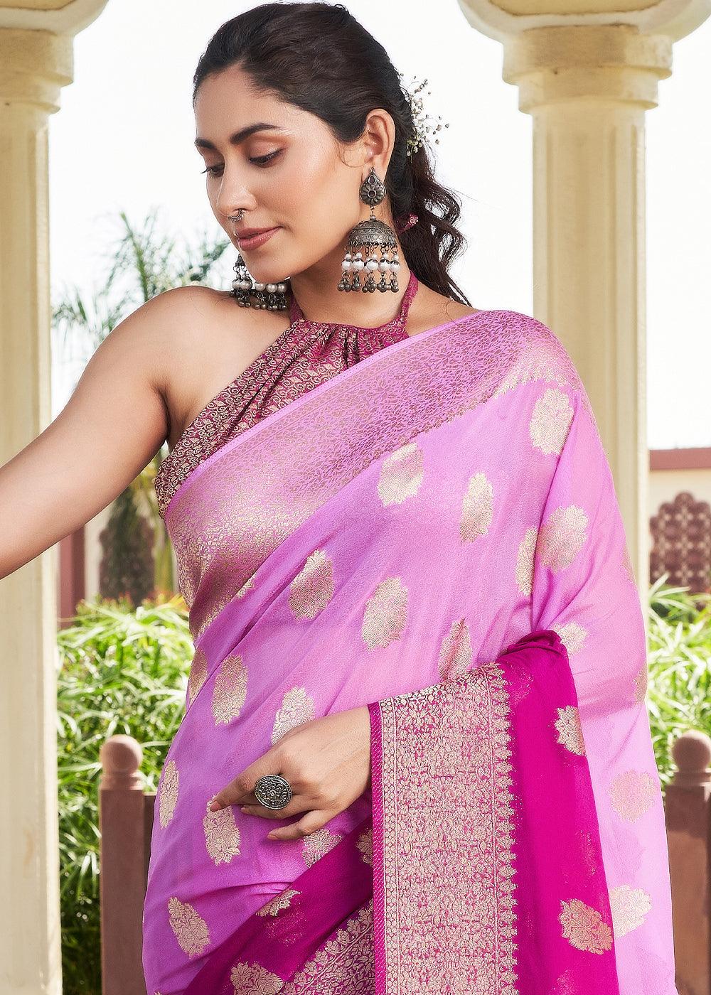 Shades Of Purple Zari Woven Georgette Saree - qivii