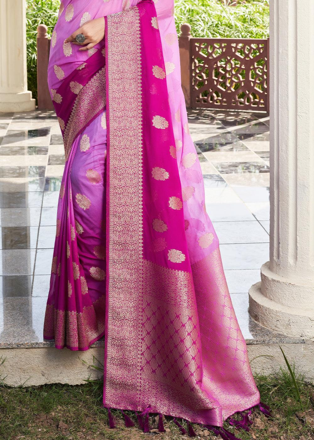 Shades Of Purple Zari Woven Georgette Saree - qivii