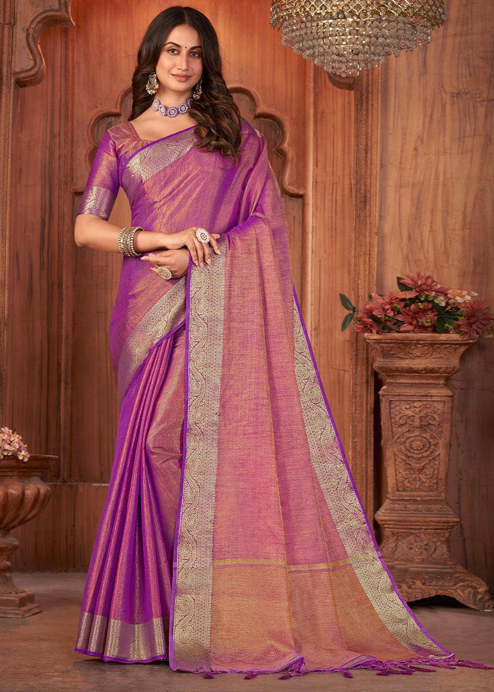 Shades Of Purple Zari Woven Tussar Silk Saree | Stitched Blouse - qivii