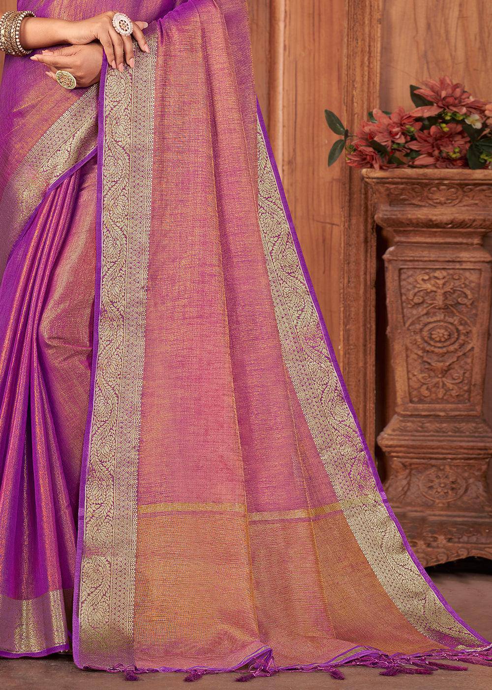 Shades Of Purple Zari Woven Tussar Silk Saree | Stitched Blouse - qivii