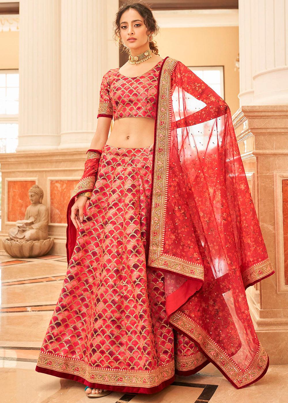 Shades Of Red Art Silk Lehenga Choli with Thread, Zari,Dori & Sequins work - qivii