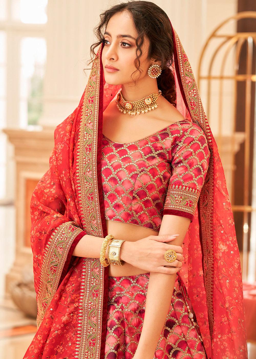 Shades Of Red Art Silk Lehenga Choli with Thread, Zari,Dori & Sequins work - qivii