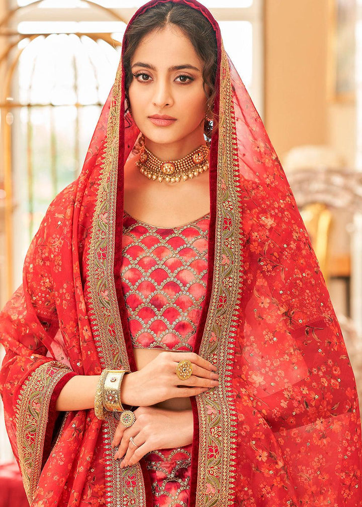 Shades Of Red Art Silk Lehenga Choli with Thread, Zari,Dori & Sequins work - qivii