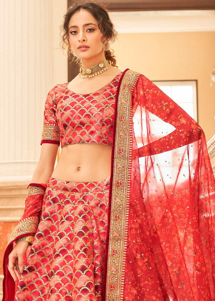 Shades Of Red Art Silk Lehenga Choli with Thread, Zari,Dori & Sequins work - qivii