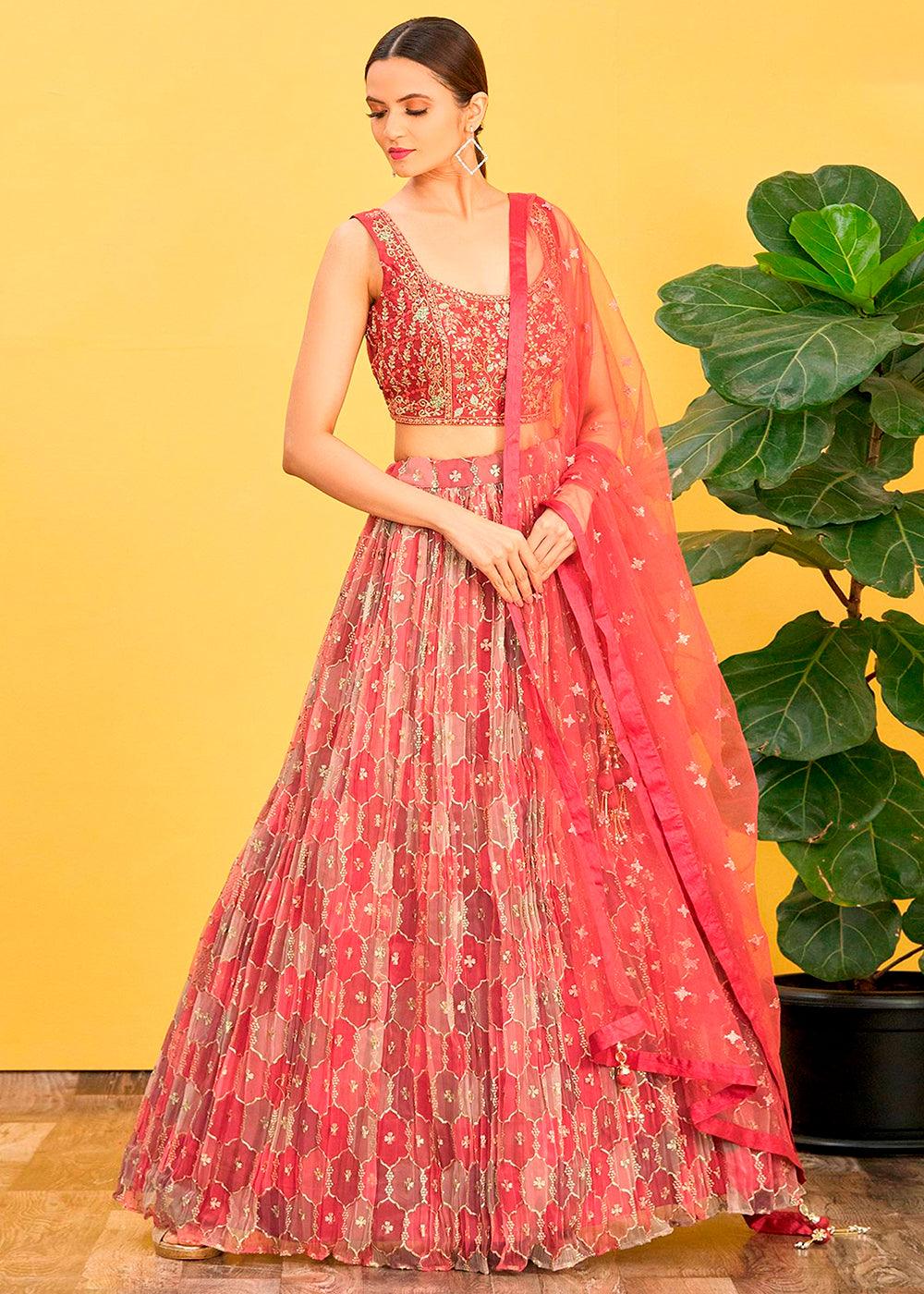 Shades Of Red Digital Printed Organza Lehenga with Thread,Zari & Sequins Work - qivii