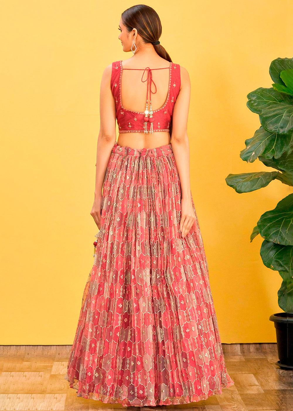 Shades Of Red Digital Printed Organza Lehenga with Thread,Zari & Sequins Work - qivii