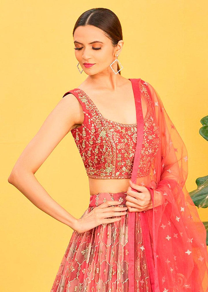 Shades Of Red Digital Printed Organza Lehenga with Thread,Zari & Sequins Work - qivii