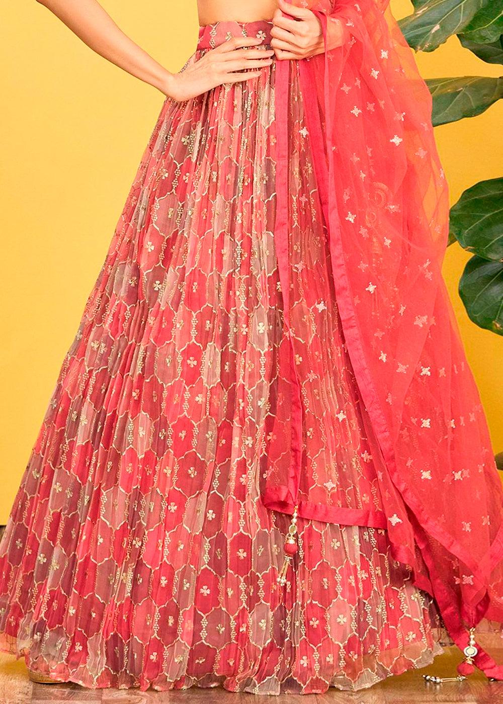 Shades Of Red Digital Printed Organza Lehenga with Thread,Zari & Sequins Work - qivii