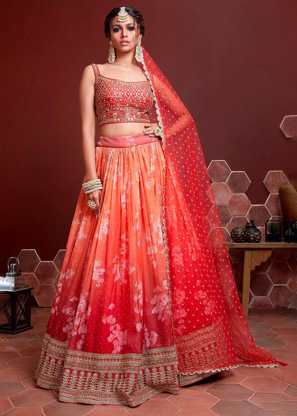 Shades Of Red Floral Printed Organza Silk Lehenga Choli with Swarovski & Mirror work - qivii