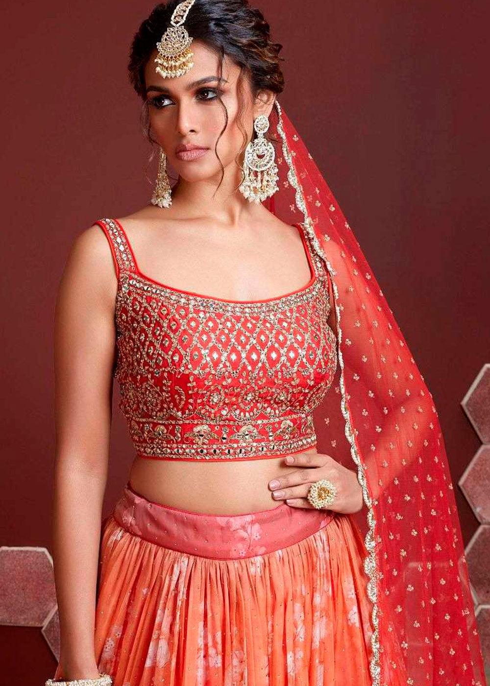 Shades Of Red Floral Printed Organza Silk Lehenga Choli with Swarovski & Mirror work - qivii