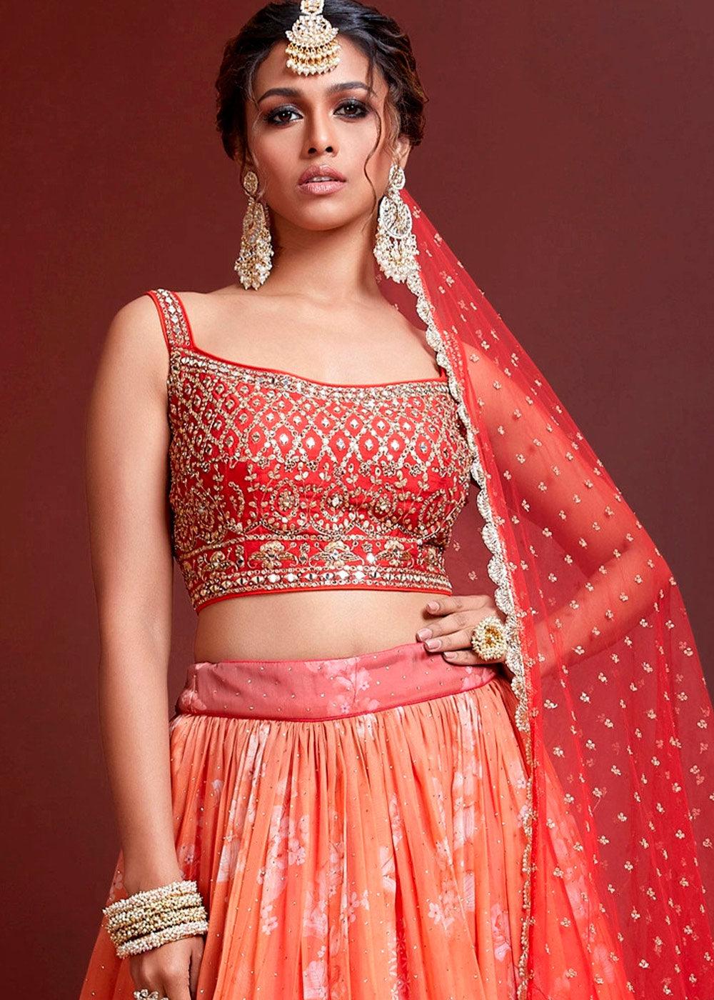 Shades Of Red Floral Printed Organza Silk Lehenga Choli with Swarovski & Mirror work - qivii