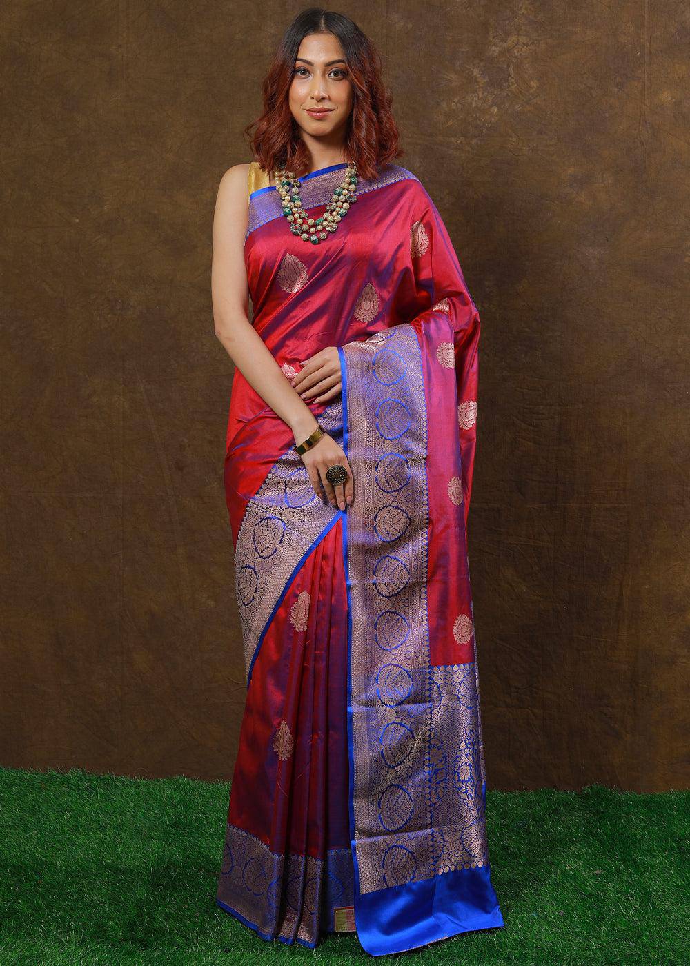 Shades Of Red Hand Woven Pure Katan Silk Saree | Stitched Blouse - qivii