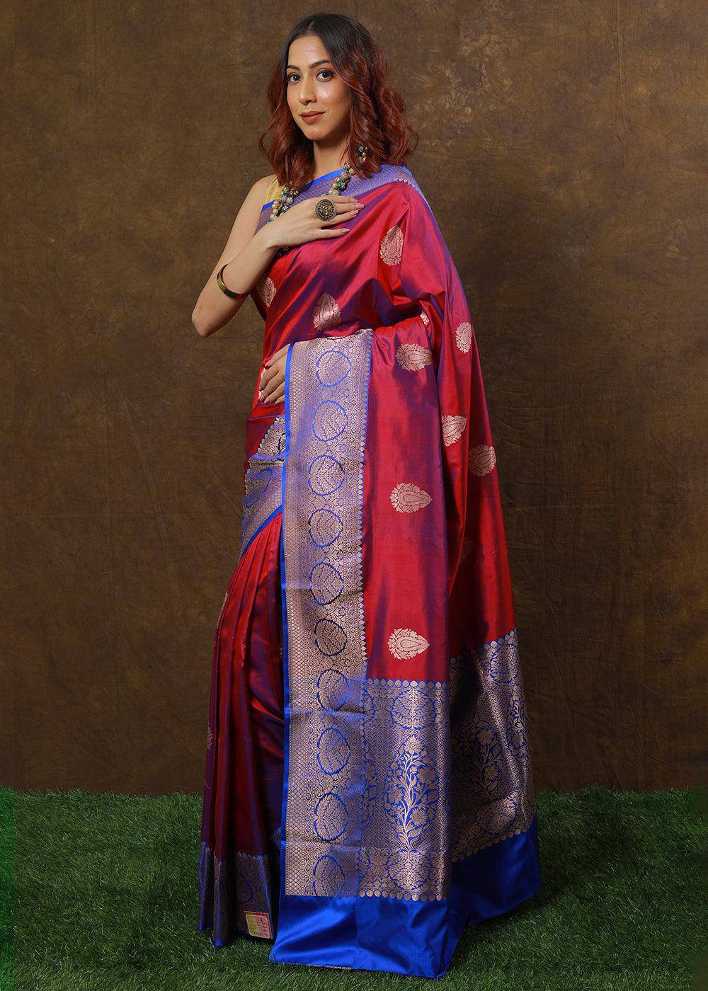 Shades Of Red Hand Woven Pure Katan Silk Saree | Stitched Blouse - qivii