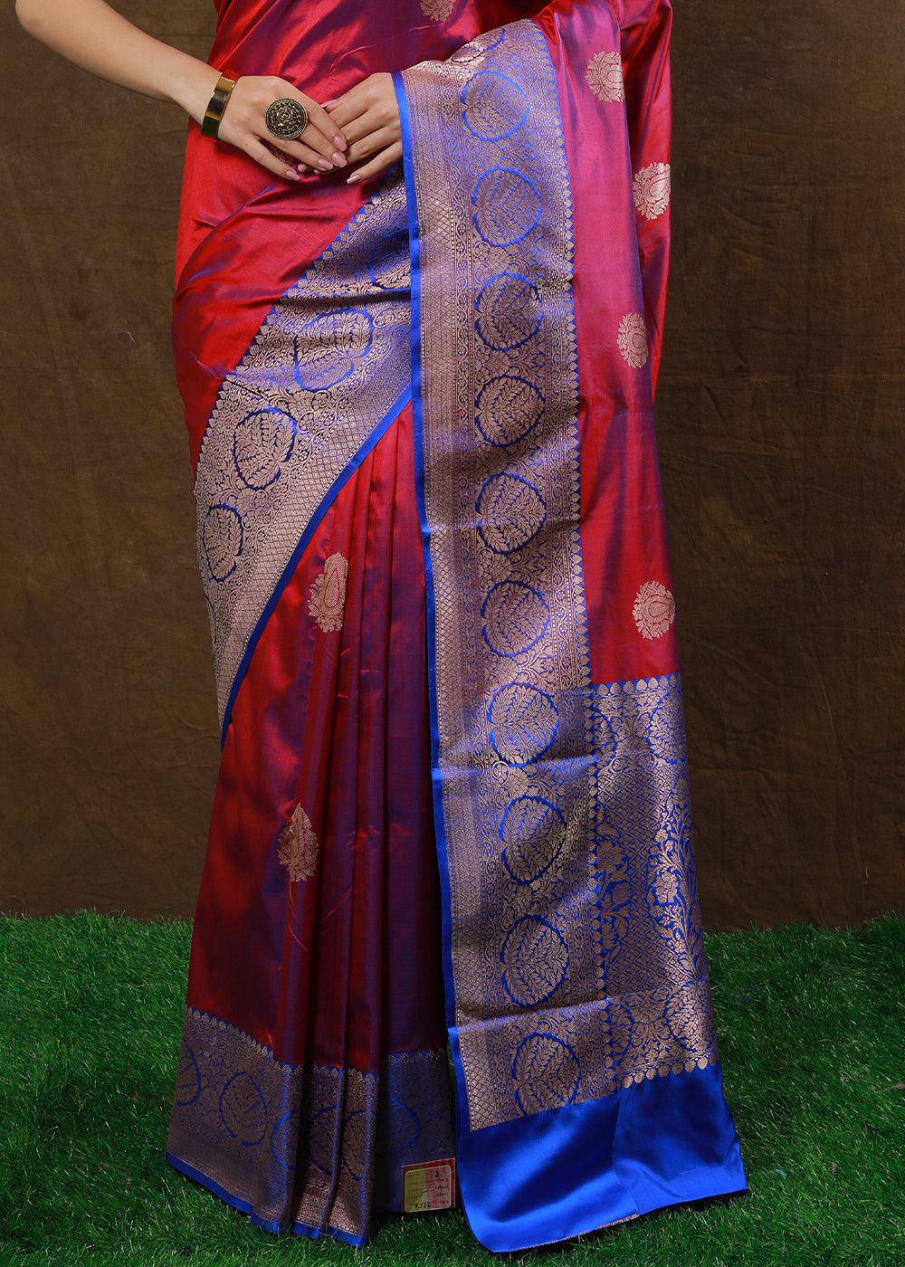 Shades Of Red Hand Woven Pure Katan Silk Saree | Stitched Blouse - qivii