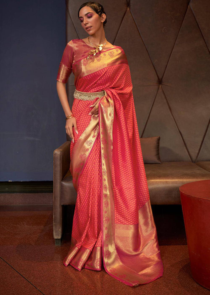 Shades Of Red Handloom Woven Banarasi Silk Saree | Stitched Blouse - qivii