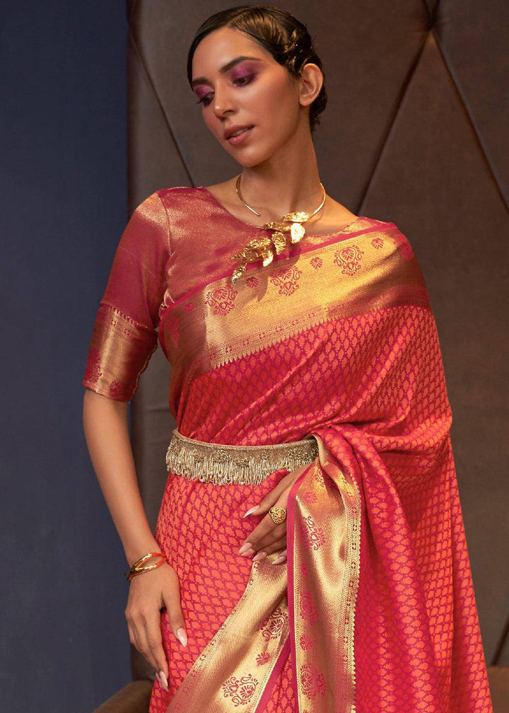 Shades Of Red Handloom Woven Banarasi Silk Saree | Stitched Blouse - qivii