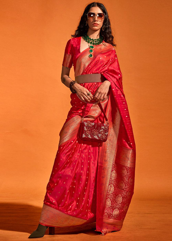 Shades Of Red Handloom Woven Designer Satin Silk Saree - qivii