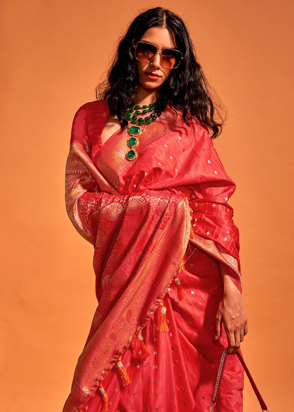 Shades Of Red Handloom Woven Designer Satin Silk Saree - qivii