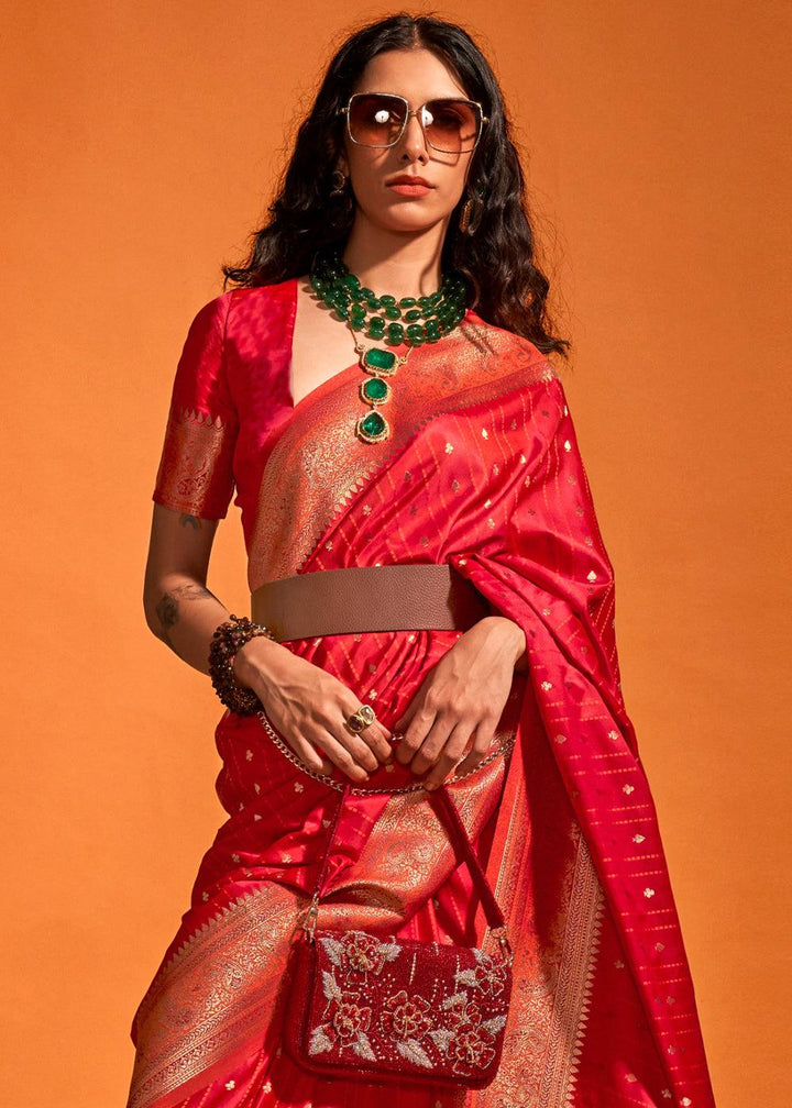 Shades Of Red Handloom Woven Designer Satin Silk Saree - qivii