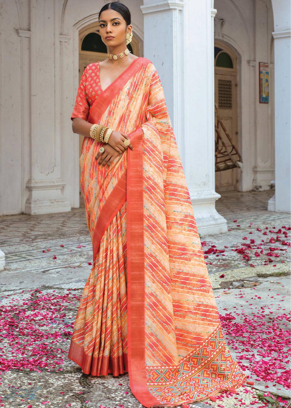 Shades Of Red Patola Printed Dola Silk Saree | Stitched Blouse - qivii