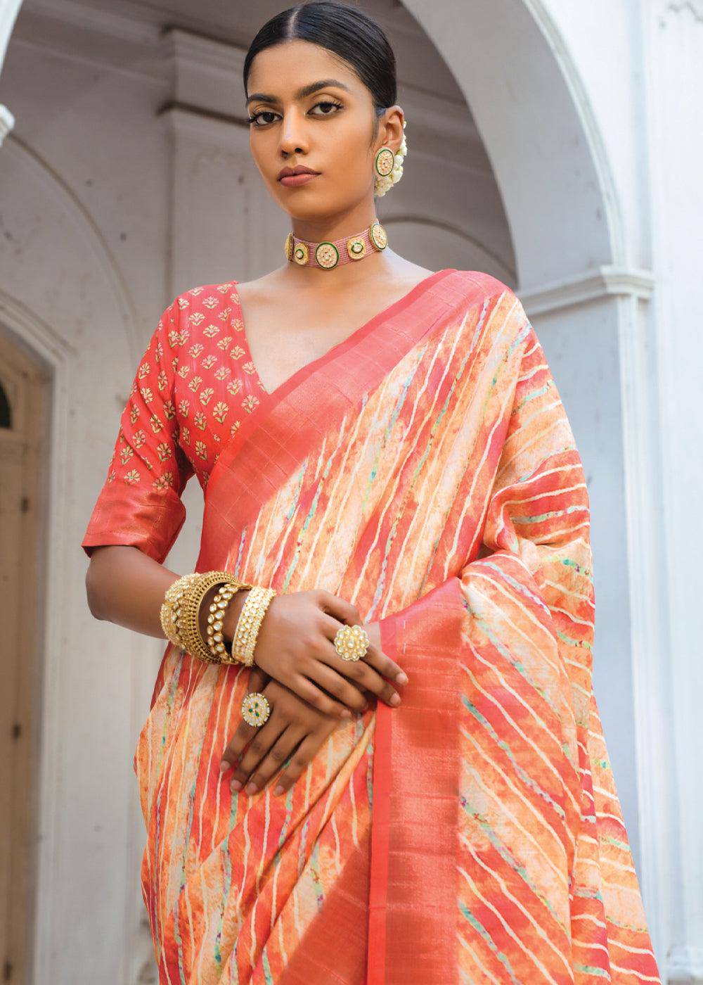 Shades Of Red Patola Printed Dola Silk Saree | Stitched Blouse - qivii