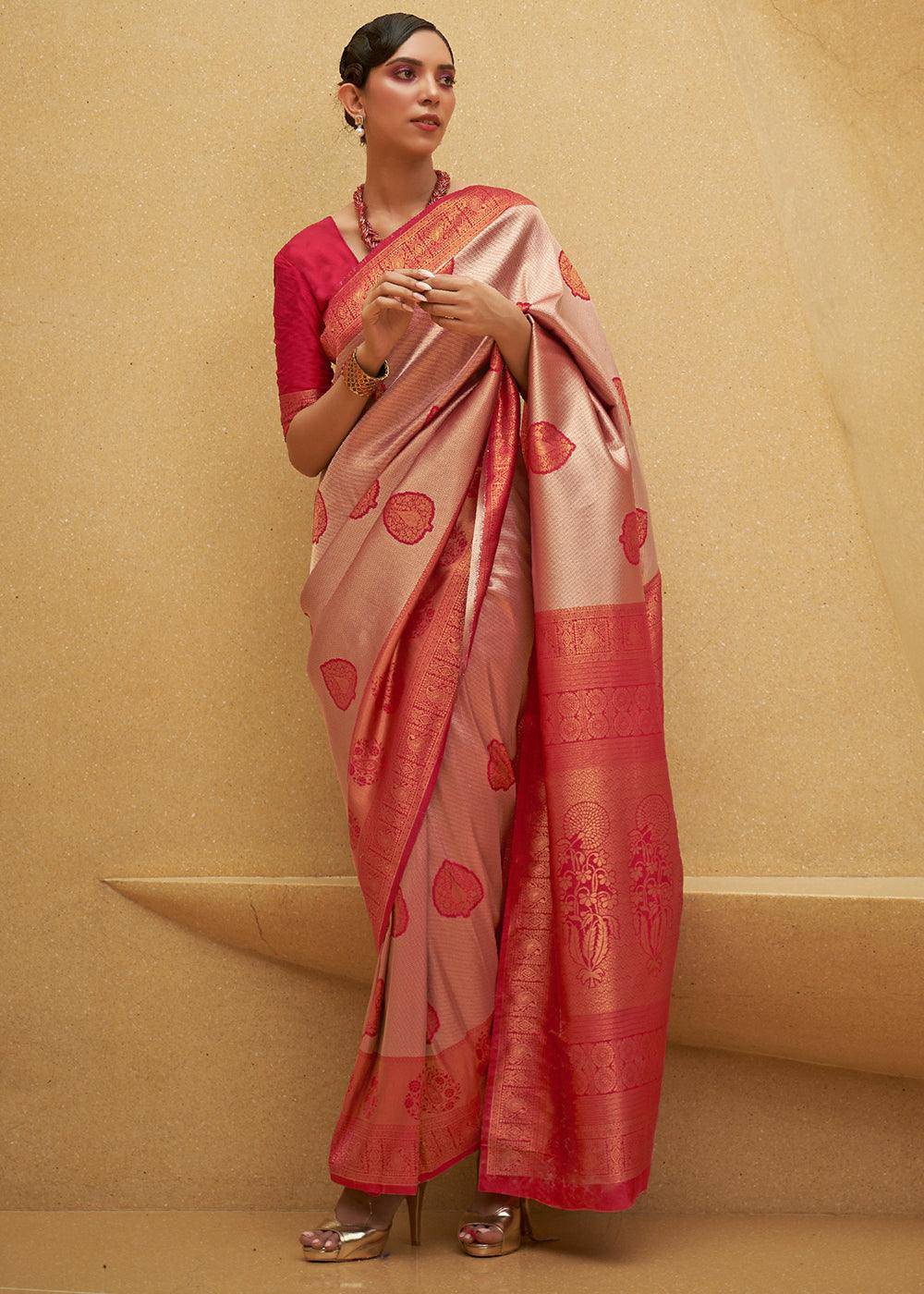 Shades Of Red Two Tone Woven Silk Saree | Stitched Blouse - qivii