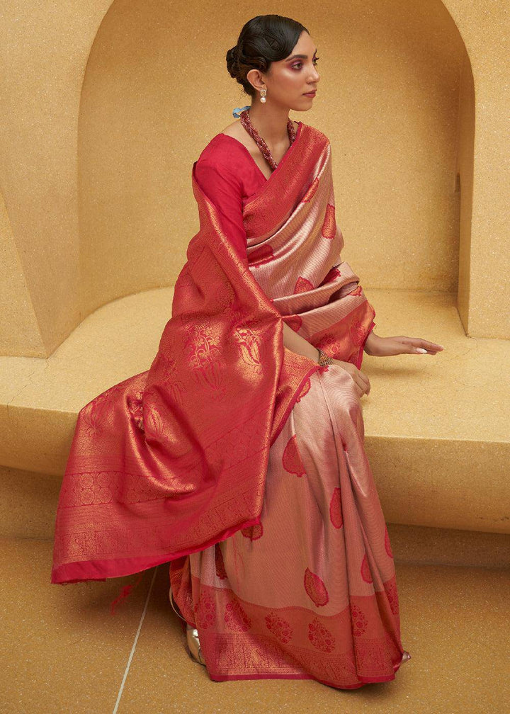 Shades Of Red Two Tone Woven Silk Saree | Stitched Blouse - qivii