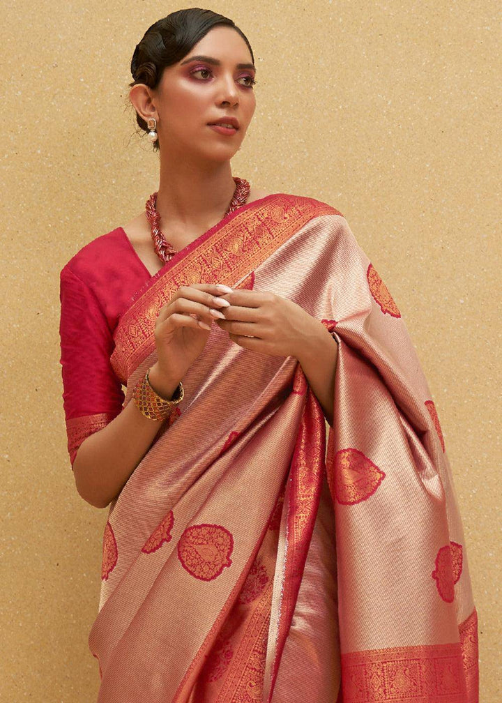 Shades Of Red Two Tone Woven Silk Saree | Stitched Blouse - qivii