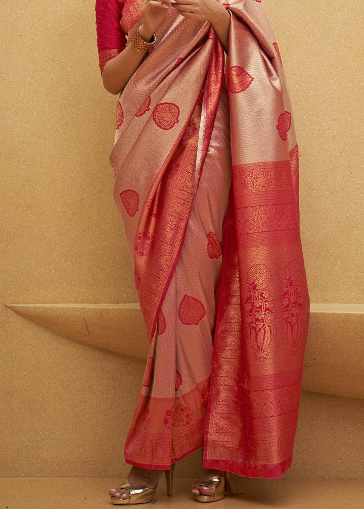 Shades Of Red Two Tone Woven Silk Saree | Stitched Blouse - qivii