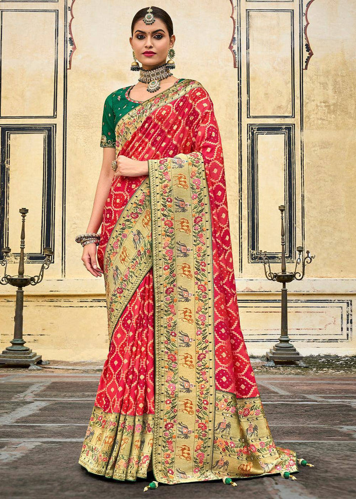 Shades Of Red Woven Patola Printed Dola Silk Saree with Heavy Embroidered Blouse | Stitched Blouse - qivii