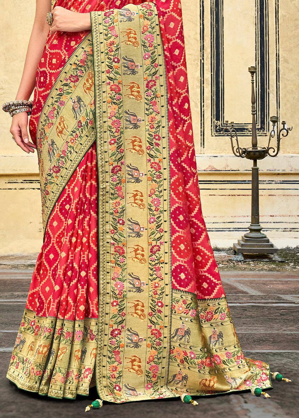 Shades Of Red Woven Patola Printed Dola Silk Saree with Heavy Embroidered Blouse | Stitched Blouse - qivii