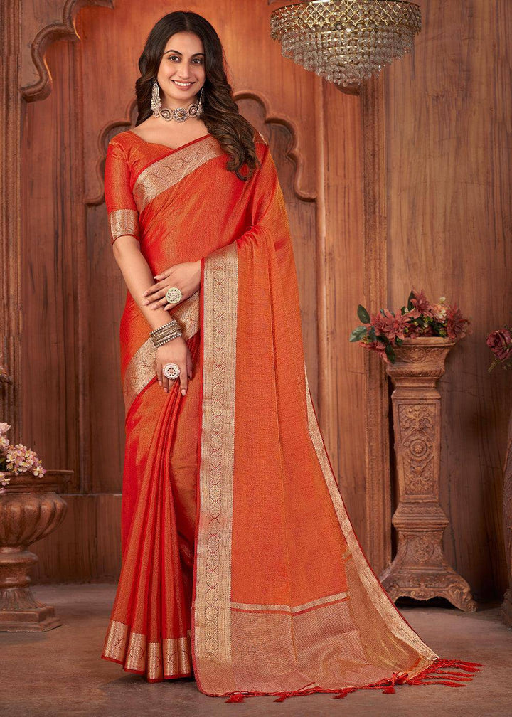 Shades Of Red Zari Woven Tussar Silk Saree | Stitched Blouse - qivii