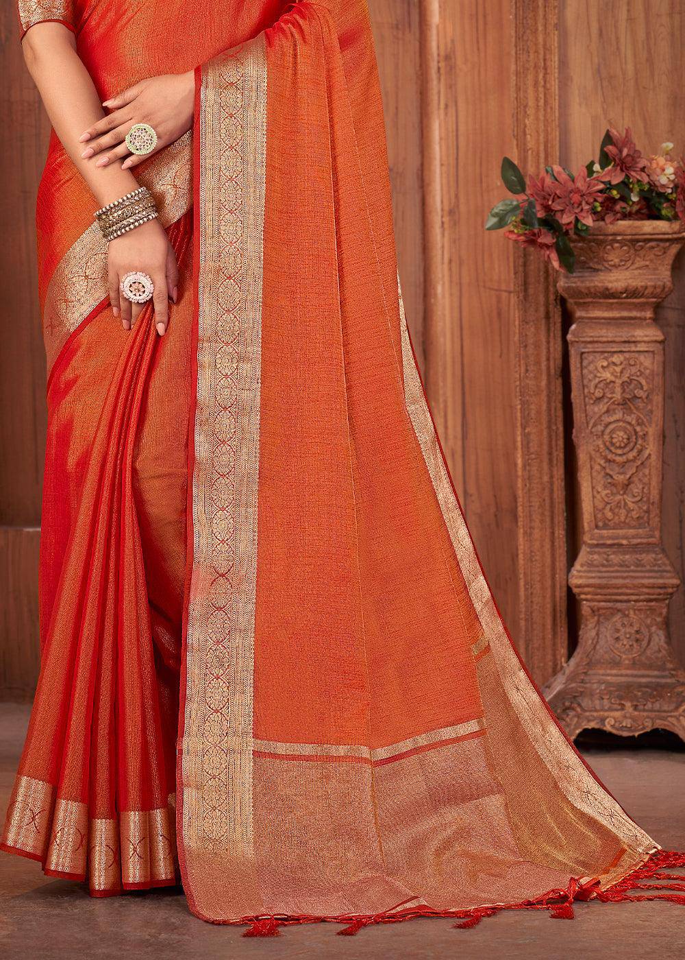 Shades Of Red Zari Woven Tussar Silk Saree | Stitched Blouse - qivii