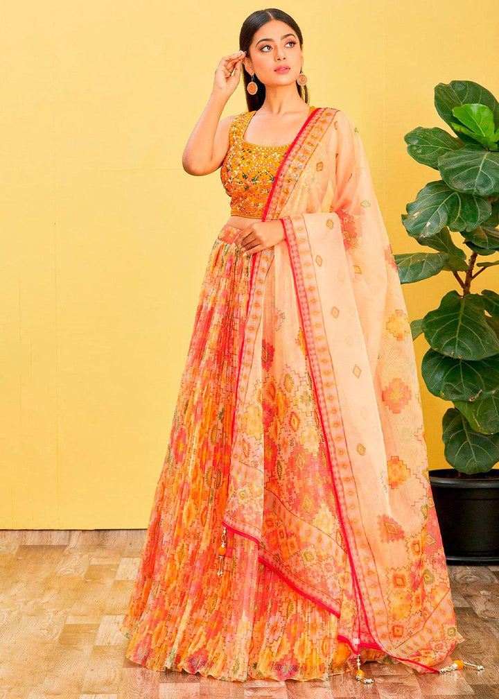 Shades Of Yellow Digital Printed Organza Lehenga with Thread,Zari & Sequins Work - qivii