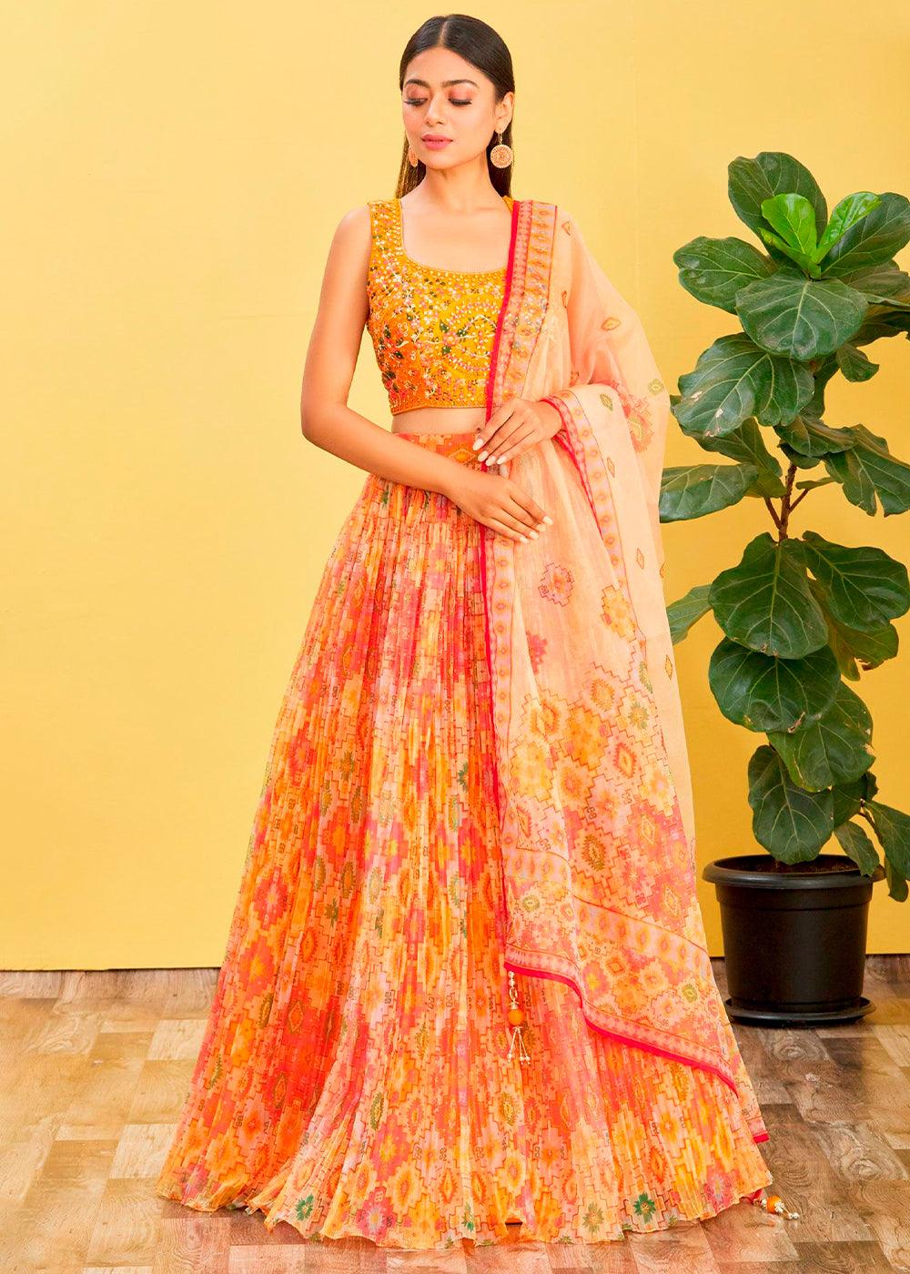 Shades Of Yellow Digital Printed Organza Lehenga with Thread,Zari & Sequins Work - qivii